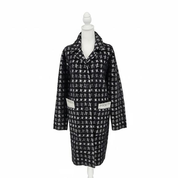 NVLT Black White Monochrome Plaid Stylish Heavyweight Mid Length Coat Size L - Picture 4 of 10